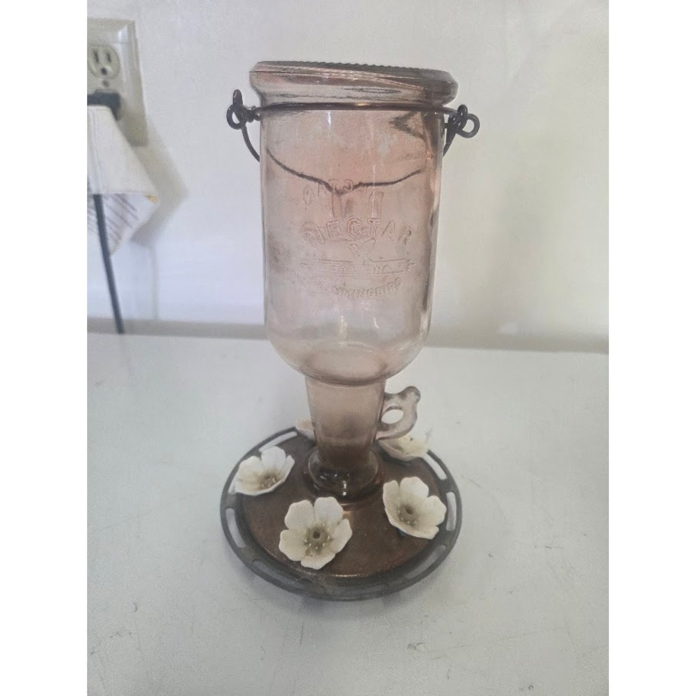 Vintage Grateful Gnome Nectar Hummingbird Glass Feeder Pink Flower Basin
